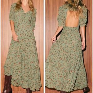 Reformation Evra Midi Dress Women 6 Green Floral Open Back Ruffle Puff Sleeve